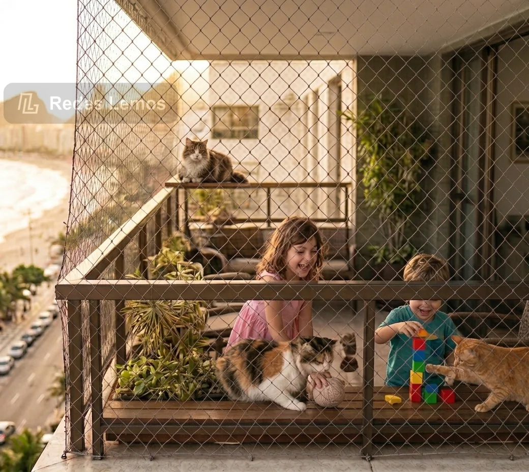 Crianças brincando com gatos em varanda protegida por rede de proteção